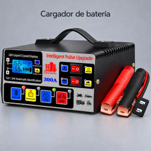 Cargador de baterías de 12V y 24V con pantalla digital, modos manual y automático, asa de transporte y pinzas de conexión. Venta por mayoreo.
